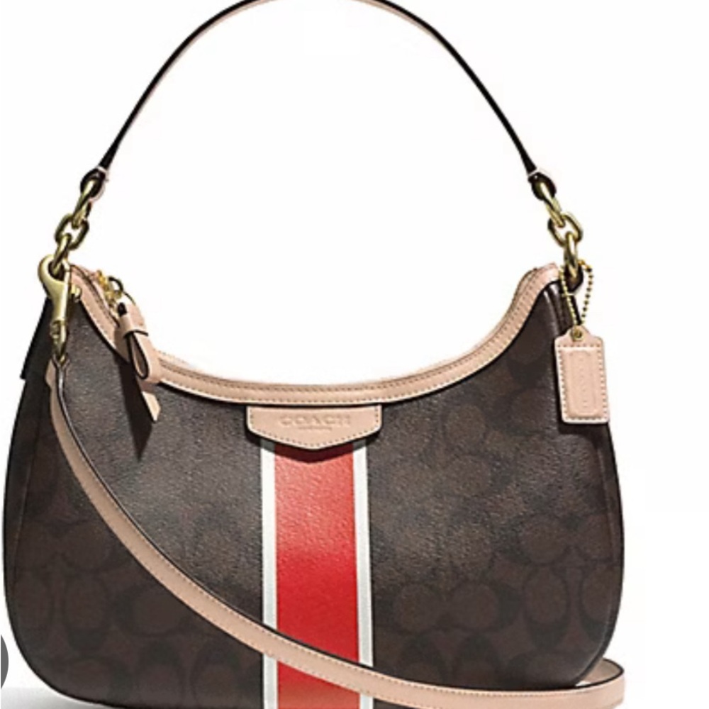 Coach Signature Stripe Demi Shoulder in the color Brass/Brown/Vermillion.